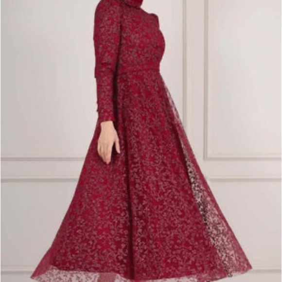 Elegant formal modest gown Red burgundy  sparkly Lace Women Dress sz 8 - Picture 3 of 11